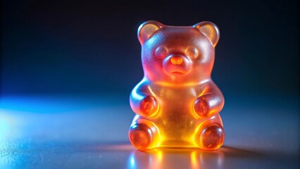 A luminous amber gummy bear sits on a reflective surface, bathed in vibrant blue and orange light, a captivating study in texture and color.