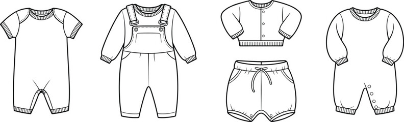 Baby clothing fashion illustration set, romper, overall, cardigan, shorts, onesie designs, vector line art, toddler apparel technical drawing collection