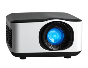 Compact Portable Projector Front View with Lens Glow, isolated on transparent background