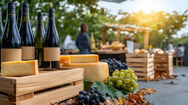 Autumn picnic composition with cheese, wine bottles, and grapes on wooden crates at outdoor bakery market with warm sunlight and drink options