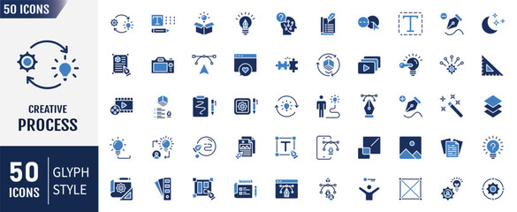 Creative Process flat Icons set. Containing tools, imagination, areas of creative activity, and more. Vector illustration