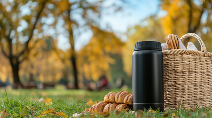 Autumn picnic composition with bakery croissants and drink thermos near wicker basket on green grass under golden trees in soft sunlight
