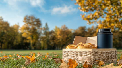 Autumn picnic composition with bakery items and drink in basket on grass surrounded by fallen leaves under blue sky