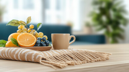 Autumn picnic composition with fresh fruit and warm drink on cozy fabric near bakery items creating peaceful atmosphere