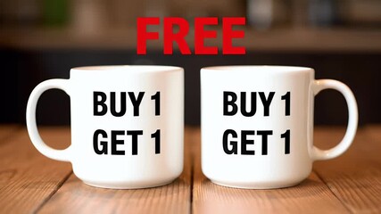 Buy One Get One Free Mug Promotion on Wooden Surface