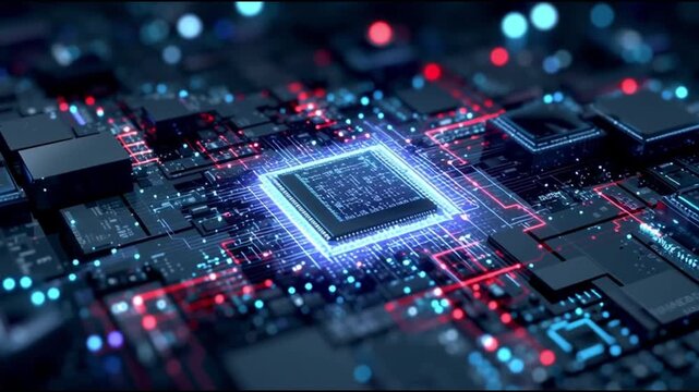 Next Gen CPU. Microarchitecture. RISC-V. Nanotechnology. Chiplet design. ARM processors. A close-up of a vibrant microchip with glowing circuits.