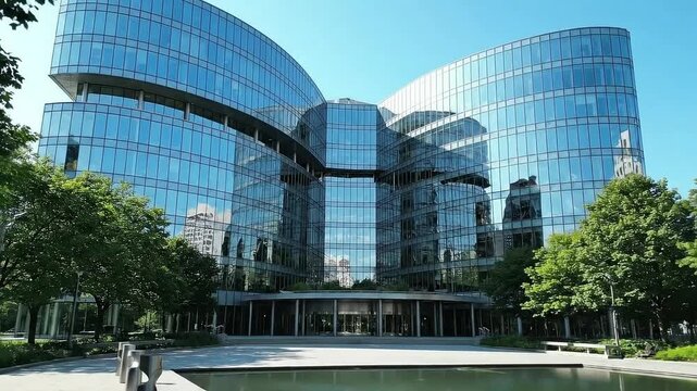 Modern Glass Office Building with Reflecting Pool and Lush Green Trees Under a Clear Blue Sky on a Sunny Day