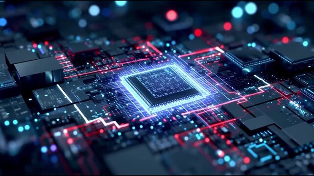 Next Gen CPU. Microarchitecture. RISC-V. Nanotechnology. Chiplet design. ARM processors. A close-up of a glowing computer microchip on a circuit board.
