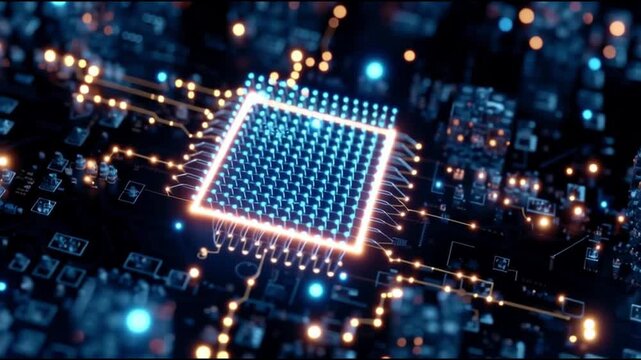 Next Gen CPU. Microarchitecture. RISC-V. Nanotechnology. Chiplet design. ARM processors. A digital circuit board with glowing components and a grid pattern.