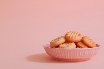 Sweet butter cookies in pink bowl, clean design, featuring dessert, snack, baking, minimalism, food art, and confectionery treat