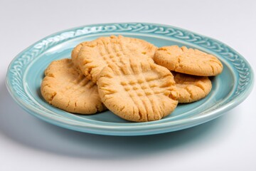 Peanut butter cookies on a blue ceramic plate. Delicious homemade sweet treats for a snack or dessert