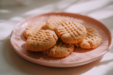 Peanut butter cookies with crosshatch pattern on pink ceramic plate, homemade sweet dessert for snack or breakfast