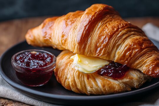 Croissant with butter and berry jam on plate for breakfast