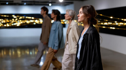 Individuals walk in a line through an art gallery, engaging with the visual narratives presented, showcasing a collaborative and communal experience within the artistic space.