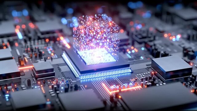 Next Gen CPU. Microarchitecture. RISC-V. Nanotechnology. Chiplet design. ARM processors. A futuristic microchip with glowing elements on a circuit board.