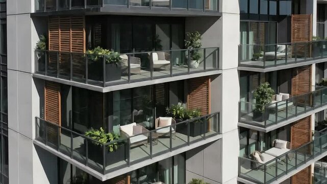 Modern apartment balconies with contemporary furniture and lush greenery creating an urban oasis for luxurious living