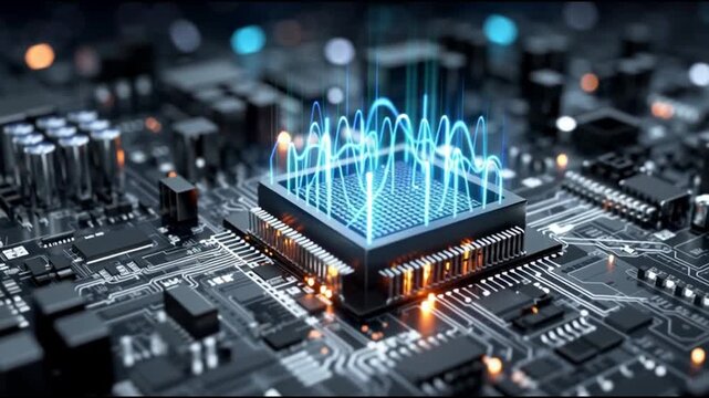 Next Gen CPU. Microarchitecture. RISC-V. Nanotechnology. Chiplet design. ARM processors. A close-up of a computer chip with data visualization effects.
