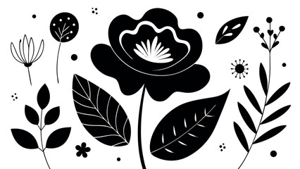 Stylized black and white floral illustrations with color accents