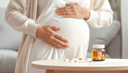 Pregnancy stress symbolized by pregnant woman holding her belly near medication on table in calm indoor setting