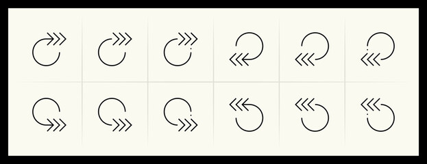 Outline circular and curved arrow icon set. Direction, navigation, downward, reload, clockwise, turn down, turn left, upward and more.