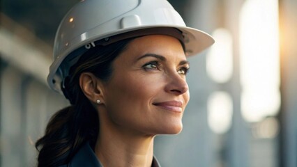 Female engineer with calm smile in hard hat construction site portrait photography soft lighting close-up emphasizing professionalism and confidence