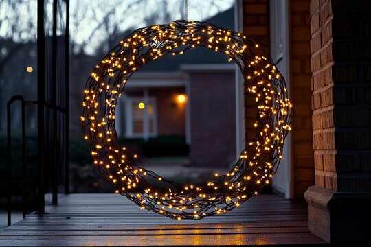 Twinkling fairy lights enhance a festive Christmas wreath on a cozy home entrance at night