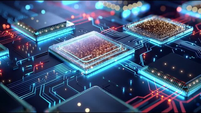 Next Gen CPU. Microarchitecture. RISC-V. Nanotechnology. Chiplet design. ARM processors. Close-up of futuristic microchips on a circuit board with glowing elements.