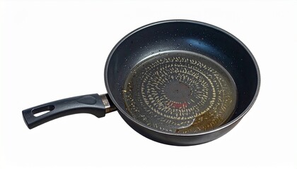 Describe a black non-stick frying pan with a handle, circular heat pattern, and red heat indicator on a white background. Highlight its used state, cooking utility, and modern kitchen design.