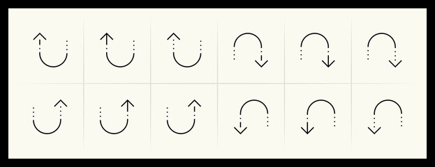 Outline circular and curved arrow icon set. Direction, navigation, downward, reload, clockwise, turn down, turn left, upward and more.