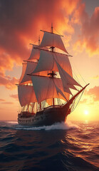 Fototapeta premium Majestic sailing ship cruising across the open sea under a dramatic red and golden sunset sky.