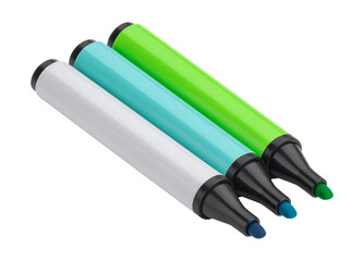 Three colorful highlighters in green blue and white on black background