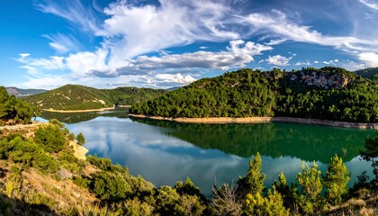 Panoramic view of a serene lake nestled in a valley, surrounded by lush greenery and dramatic clouds