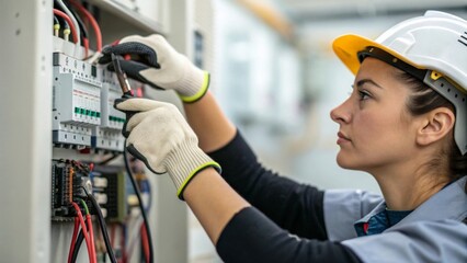Female worker wiring control panel industrial workplace closeup shot hands in protective gloves focused environment technical skills showcase for seo impact