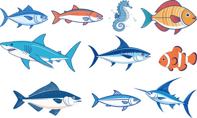 Colorful cartoon sea fish and marine animals vector illustration set with shark tuna clownfish marlin salmon and seahorse for underwater wildlife education ocean design and aquatic mascot