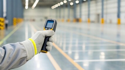 Measuring precision in industrial spaces close-up of a gloved hand utilizing a digital laser measure in a warehouse environment