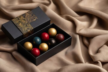 Gourmet chocolate bonbons displayed in a luxury gift box resting on elegant satin fabric, a sweet present concept