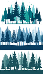 Minimalist pine forest silhouette landscape illustration with evergreen trees in blue and green gradient vector art for nature wallpaper poster textile and modern decorative design