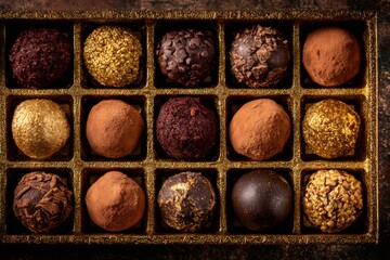 Assorted chocolate truffles and bonbons in a golden gift box, presenting sweet gourmet dessert indulgence