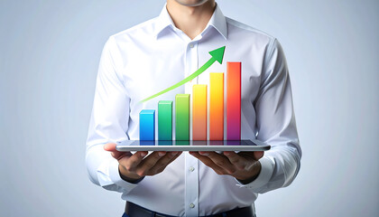 A person holding a tablet showing a graph with a clear upward