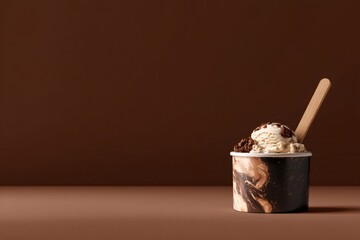 Creamy vanilla ice cream with cookie crumbs and wooden spoon in a marbled cup against a brown background