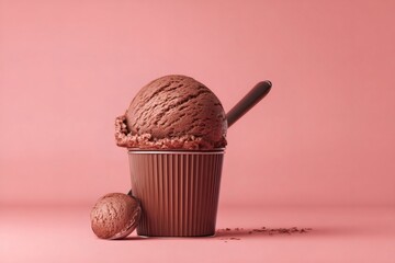 Chocolate ice cream overflowing from a brown paper cup, with a scoop and spoonful of ice cream, against a vibrant pink background