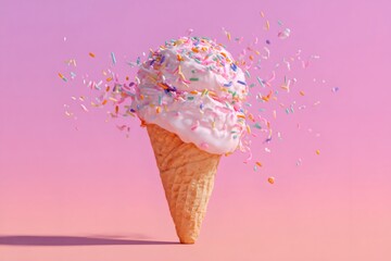 Pink ice cream cone with colorful sprinkles exploding, celebrating sweet freshness, summer dessert