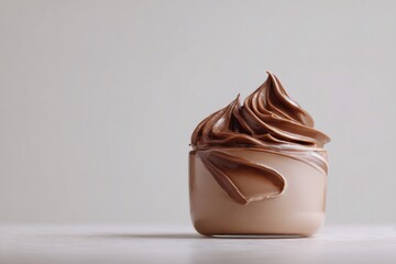 Chocolate spread, rich dessert cream swirling in a small glass jar, delicious sweet food concept