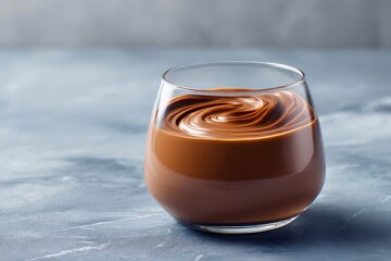 Glass of smooth chocolate dessert pudding with a creamy swirl on top, a delicious sweet treat