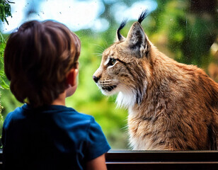 Enfant de dos regarde avec &eacute;merveillement un lynx par la vitre d'un zoo 