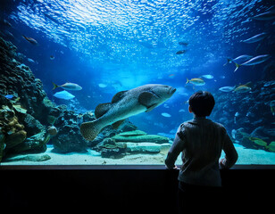 Petit gar&ccedil;on, enfant, de dos face &agrave; un m&eacute;rou dans un aquarium