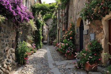 Charming cobblestone alley with stone houses and blooming flowers