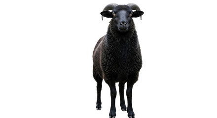 Isolated black sheep with big horns standing still looking ahead in a studio setting