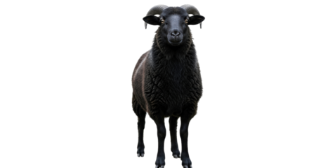 Isolated black sheep with big horns standing still looking ahead in a studio setting