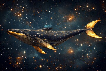 Majestic flying whale with golden fins swims gracefully among twinkling stars in the cosmos